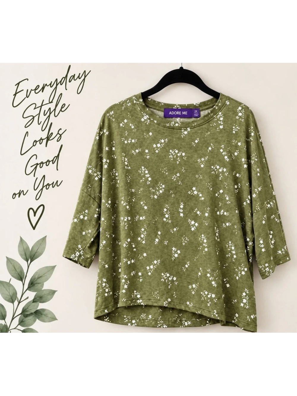 Adore Me Olive Floral Relaxed 3/4-Sleeve Top 2X